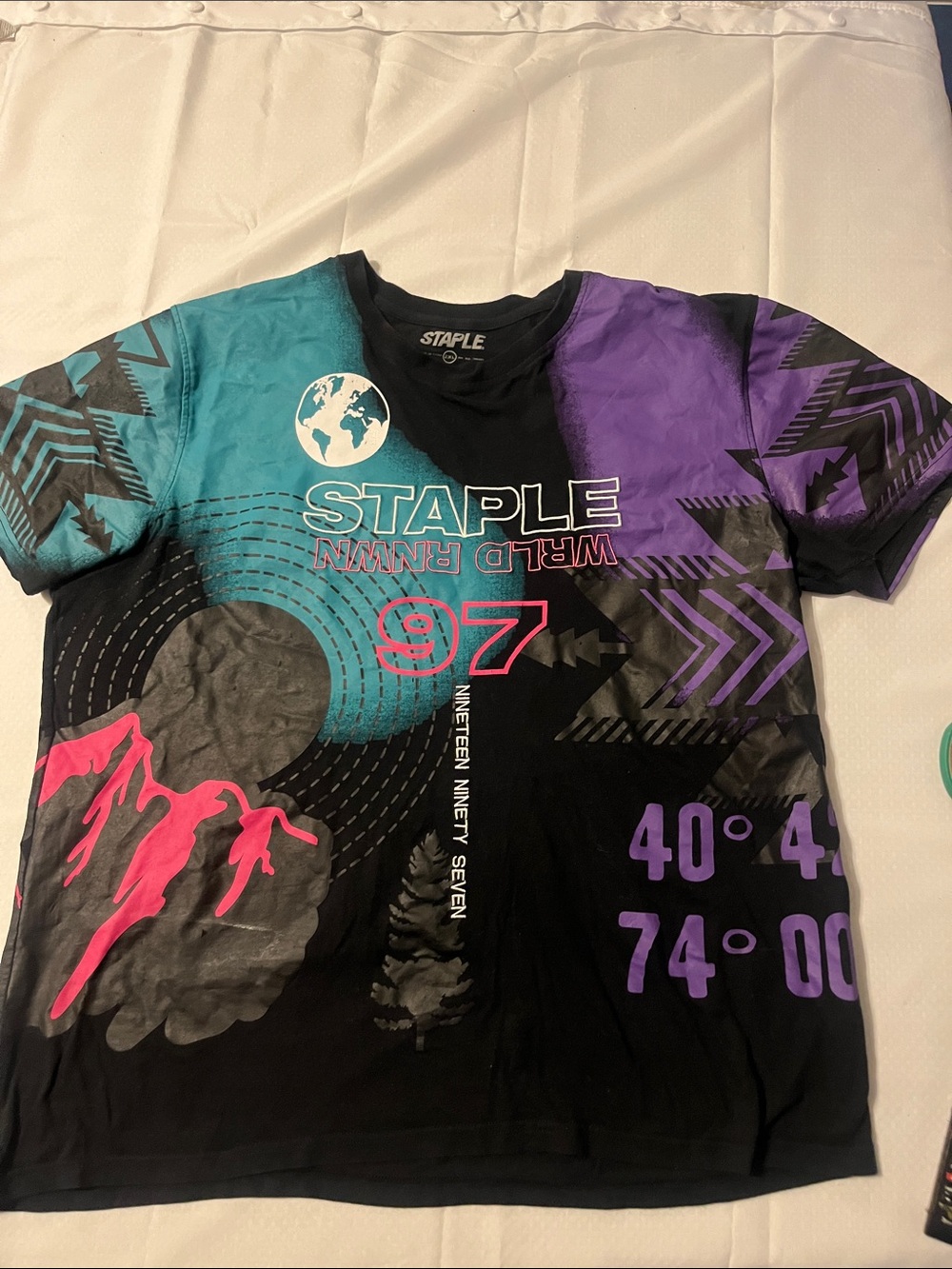 Staple World Renow Pigeon Black Men’s 2 XL Tee with Teal, Purple & Pink Graphics